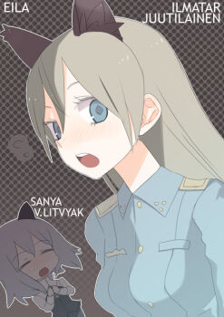 00s 2girls animal_ears blonde_hair blush cat_ears chibi eila_ilmatar_juutilainen closed_eyes green_eyes multiple_girls sanya_v._litvyak silver_hair strike_witches tank_(artist) world_witches_series