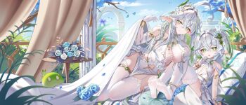 2girls absurdres ahoge alternate_breast_size_(larger) bare_shoulders blue_flower blush bracelet braid breasts chinese_commentary cleavage closed_mouth clothing_cutout collarbone commentary_request day dendro_slime_(genshin_impact) dress elbow_gloves flower garter_straps genshin_impact gloves gradient_hair green_eyes green_hair hair_between_eyes hair_flower hair_ornament hand_up highres jewelry jndfh large_breasts leaf_hair_ornament long_hair looking_at_viewer multicolored_hair multiple_girls nahida_(genshin_impact) navel navel_cutout open_mouth pelvic_curtain pointy_ears rukkhadevata_(genshin_impact) side_ponytail sitting slime_(genshin_impact) small_breasts smile symbol-shaped_pupils table thighhighs thighlet very_long_hair white_dress white_garter_straps white_gloves white_hair white_thighhighs