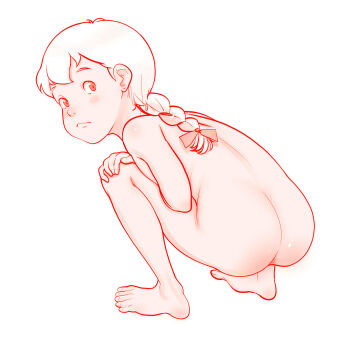 1girl anus ass barefoot blush blush_stickers bow braid braided_ponytail closed_mouth feet female_focus hair_bow highres katri_ukonniemi loli looking_back makiba_no_shoujo_katri monochrome nippon_animation nude red_theme riarutoruchokku single_braid solo squatting world_masterpiece_theater