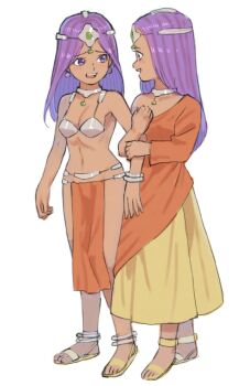 2girls alternate_eye_color anklet arm_hug asymmetrical_dress breasts circlet cleavage dark-skinned_female dark_skin dragon_quest dragon_quest_iv dress earrings forehead_jewel full_body furrowed_brow gan2 gem green_gemstone highres jewelry light_blush loincloth long_dress long_hair long_sleeves looking_at_another looking_to_the_side manya_(dq4) metal_bikini metal_bra minea_(dq4) multiple_anklets multiple_girls navel neck_ring open_mouth orange_dress orange_loincloth pelvic_curtain profile purple_eyes purple_hair sandals siblings silver_circlet single_bare_shoulder single_sleeve sisters smile sphere_earrings standing teeth upper_teeth_only
