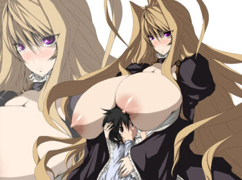 1boy 1girl blonde_hair blue_eyes blush breast_press breast_rest breast_smother breasts breasts_on_head breasts_out dress face_to_breasts framed_breasts gigantic_breasts hair_intakes hetero large_areolae long_hair minato_(zegapain) nipples purple_eyes sekirei shota tsukasawa_takamatsu tsukiumi