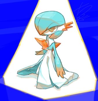 1girl alternate_color alternate_element arms_at_sides artist_name blue_hair blue_skin bob_cut chocota_(spchocota) colored_skin female_focus flat_chest full_body gardevoir gen_3_pokemon gradient_hair hair_over_one_eye kneeling looking_afar multicolored_hair multicolored_skin nintendo no_mouth one_eye_covered orange_eyes orange_hair orange_skin pokemon pokemon_(creature) shiny_pokemon signature solo spotlight twitter_username two-tone_hair white_skin