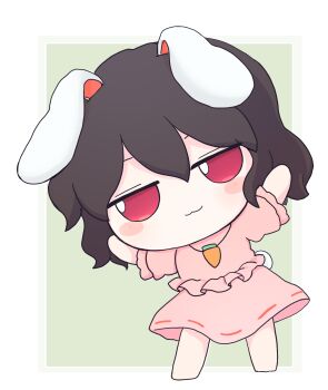 1girl :3 animal_ears azuma_meri barefoot black_hair chibi commentary_request dress floppy_ears frilled_dress frilled_sleeves frills full_body fumo_(doll) highres inaba_tewi pink_dress puffy_short_sleeves puffy_sleeves rabbit_ears rabbit_tail red_eyes ribbon-trimmed_dress ribbon_trim short_hair short_sleeves simple_background smile solo tail touhou wavy_hair white_background