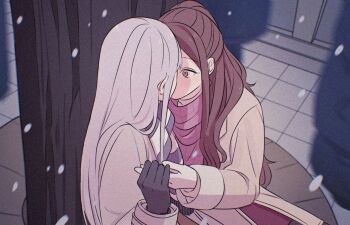 2girls bang_dream! black_gloves brown_eyes brown_hair coat commentary_request cookie_(accountxmix) film_grain gloves grey_coat grey_hair hair_over_shoulder hand_up holding_hands imai_lisa kiss korean_commentary long_hair long_sleeves looking_at_another minato_yukina multiple_girls outdoors pink_scarf scarf sitting snowing striped_clothes striped_scarf surprise_kiss surprised winter winter_clothes yuri