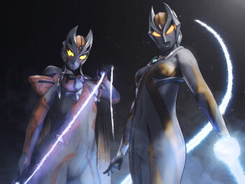 2girls absurdres alien boshi_(atuki_mk2) breast_apart breasts camearra camearra_whip carmeara carmeara_whip chest_jewel cloud cloudy_sky color_timer energy energy_weapon energy_whip gem gem_on_head giant giantess glowing glowing_eyes glowing_gem highres ice ice_weapon ice_whip kaijin look-alike looking_at_viewer looking_down multiple_girls no_pupils overcast rain seijin sky supervillain trait_connection tsuburaya_productions ultra_series ultraman_tiga:_the_final_odyssey ultraman_tiga_(series) ultraman_trigger_(series) weapon whip yellow_eyes