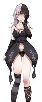 1girl arm_strap arm_warmers asymmetrical_legwear black_choker black_dress black_hair black_panties black_socks black_thighhighs breast_strap breasts cameltoe choker cleavage closed_mouth collarbone cowboy_shot dress fishnet_socks fishnets grey_hair hand_up highres hololive hololive_english kneehighs large_breasts layered_dress long_hair looking_at_viewer mismatched_legwear multicolored_hair panties shiori_novella shiori_novella_(1st_costume) simple_background single_kneehigh single_sock single_thighhigh skaarl_(artist) skindentation sleeveless sleeveless_dress smile socks solo split-color_hair striped_arm_warmers striped_clothes striped_thighhighs thighhighs underwear uneven_legwear virtual_youtuber white_background yellow_eyes