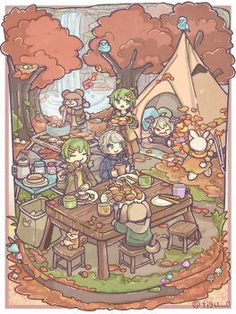 2boys 2girls :> :o ;3 animal autumn autumn_leaves bear blue_eyes blue_scarf brown_coat chair chigu closed_eyes closed_mouth coat commentary_request cooking cooking_pot day dog food green_eyes green_hair grey_hair hair_ornament hairclip head_wings highres holding holding_food leaf long_sleeves multiple_boys multiple_girls musical_note one_eye_closed open_clothes open_coat open_mouth original outdoors parallel_hairclips plate rabbit sausage scarf short_hair sitting squirrel standing table tent tree water waterfall wings yellow_scarf