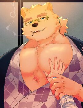 1boy animal_ears bara bear_boy bear_ears bone_color919 chest_tuft fat fat_man furry furry_male furry_with_non-furry glasses green-framed_eyewear guided_pectoral_grab highres interspecies japanese_clothes kimono leib_(housamo) male_focus mature_male open_clothes open_kimono pov pov_hands protected_link seductive_smile smile smoking solo_focus thick_eyebrows tokyo_houkago_summoners