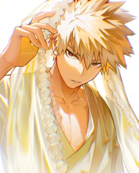 1boy absurdres alternate_costume arm_up bakugou_katsuki blonde_hair boku_no_hero_academia collarbone hashtag-only_commentary highres looking_to_the_side male_focus parted_lips red_eyes shirt sideways_glance simple_background solo spiked_hair upper_body veil white_background white_shirt znjxlz
