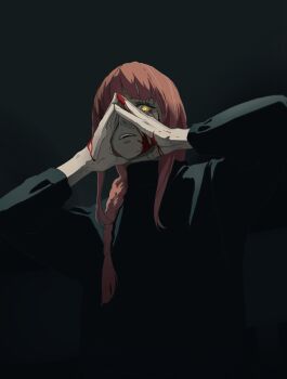 1girl black_background black_coat blood blood_on_face blood_on_hands braid braided_ponytail chainsaw_man coat commentary highres long_hair long_sleeves looking_at_viewer m_alexa makima_(chainsaw_man) open_mouth red_hair ringed_eyes sidelocks solo yellow_eyes