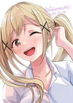 1girl bang_dream! blonde_hair breasts dated fukumaru1021 hair_ornament highres ichigaya_arisa large_breasts one_eye_closed open_mouth portrait shirt signature simple_background solo tongue twintails upper_body white_background white_shirt x_hair_ornament yellow_eyes