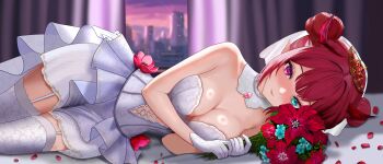 1girl absurdres bare_shoulders blue_eyes breasts cleavage commentary dfswift dress english_commentary eyelashes garter_straps gloves heterochromia highres hololive hololive_english indoors irys_(hololive) large_breasts lying on_side purple_eyes purple_hair solo thighhighs virtual_youtuber white_dress white_gloves white_thighhighs window