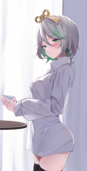 1girl blush braid breasts cecilia_immergreen collared_shirt colored_inner_hair commentary_request cup curtains doll_joints double-parted_bangs dress_shirt from_side green_eyes green_hair grey_hair hair_between_eyes hair_ornament highres holding holding_cup hololive hololive_english ilie_ilie indoors joints long_sleeves looking_at_viewer multicolored_hair naked_shirt see-through_silhouette shirt short_hair side_braid single_braid small_breasts solo streaked_hair thighhighs virtual_youtuber white_shirt winding_key