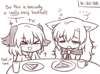 &gt;_&lt; ... 2girls animal_ears ascot brooch commentary cup dog_ears drinking_glass english_text food hair_between_eyes imaizumi_kagerou jewelry kasodani_kyouko lineart long_hair messy_hair multiple_girls pizza plate ramadan short_hair simple_background sleepy table time touhou triangle_mouth wolf_ears wool_(miwol)