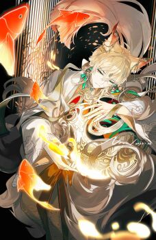 1boy absurdres alkaid_mcgrath alkaid_mcgrath_(myths_wonders) animal_ear_piercing animal_ears blonde_hair chinese_clothes chinese_commentary cloud_print dated ear_covers earrings fish forehead_jewel fox_boy fox_ears fox_tail gem gold_collar gold_earrings goldfish green_eyes green_gemstone green_ribbon hair_between_eyes hanfu highres hugging_object implied_extra_ears jewelry kemonomimi_mode long_sleeves looking_at_viewer lovebrush_chronicles male_focus medium_hair multiple_tails nnnnnova official_alternate_costume parted_lips pillar procreate_(medium) red_sash ribbon ribbon_earrings sash smile solo tail upper_body wide_sleeves xiangyun