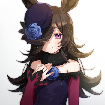 1girl animal_ears bare_shoulders black_choker blue_flower blue_hat blue_rose blue_shirt brown_hair choker closed_mouth collarbone commentary_request flower fur_choker hair_over_one_eye hat hat_flower horse_ears light_particles long_hair long_sleeves pink_eyes red_sleeves rice_shower_(rosy_dreams)_(umamusume) rice_shower_(umamusume) rose sgawarananto shirt simple_background smile solo umamusume upper_body white_background