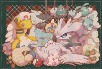 altaria ampharos bergmite claws commentary_request dragon furfrou furfrou_(natural) gen_2_pokemon gen_3_pokemon gen_5_pokemon gen_6_pokemon hinekure legendary_pokemon mareep mega_altaria mega_ampharos mega_pokemon nintendo no_humans poke_ball poke_ball_(basic) pokemon pokemon_(creature) pokemon_focus reshiram rufflet stuffed_toy swablu swirlix swoobat whimsicott woobat