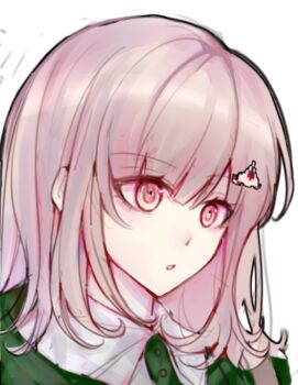 1girl chinese_commentary commentary_request danganronpa_(series) danganronpa_2:_goodbye_despair green_shirt hair_ornament nanami_chiaki pink_eyes pink_hair portrait shirt short_hair simple_background solo summer-night-echo white_background
