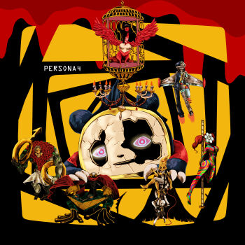 Rule 34 | 3boys, 4girls, absurdres, amagi yukiko, atlus, bad end, black hair, cage, candle, chandelier, claws, crack, dark persona, flower, frog, gloves, hanamura yousuke, highres, hood, kujikawa rise, kuma (persona 4), leaf, long hair, makura666, multiple boys, multiple girls, muscular, no humans, persona, persona 4, plant, pole, red eyes, red hair, rose, satonaka chie, scarf, school uniform, shadow (persona), shadow chie, shadow kanji, shadow kuma, shadow naoto, shadow rise, shadow yousuke, shadow yukiko, shirogane naoto, short hair, tatsumi kanji, tiara, twintails, vines, whip, wings