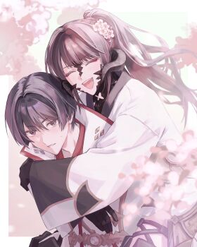 Rule 34 | 1boy, 1other, asahi sas brutus, au ra, black eyes, black hair, black horns, black scales, blunt bangs, bowl cut, commission, commissioner upload, final fantasy, final fantasy xiv, flower, gloves, hair flower, hair ornament, high ponytail, highres, holding, horns, hyur, izumi tol amulius, japanese clothes, kimono, long hair, looking at viewer, open mouth, ponytail, red trim, scales, short hair, simple background, skeb commission, smile, smzm02