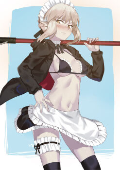 1girl artoria_pendragon_(fate) bad_id bad_pixiv_id bikini bikini_top_only black_thighhighs blonde_hair blush breasts club3 fate/grand_order fate_(series) female_focus frilled_bikini frilled_thigh_strap frills frown hair_ribbon hand_on_own_hip highres hood hoodie long_sleeves maid maid_headdress mop navel pale_skin ribbon saber_alter saber_alter_(swimsuit_rider)_(second_ascension) short_hair sidelocks solo swimsuit thigh_strap thighhighs yellow_eyes