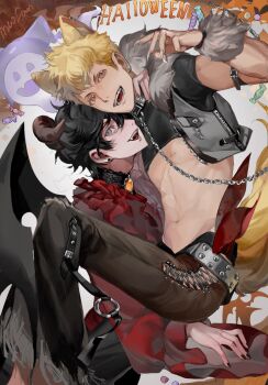 Rule 34 | 2boys, abs, amamiya ren, animal ears, black hair, black nails, blonde hair, candy, chain, chain leash, claws, collar, commentary request, crop top, demon horns, demon wings, fang, food, frills, grey eyes, halloween, halloween costume, highres, horns, leash, male focus, maofan, multiple boys, nipple piercing, pants, persona, persona 5, piercing, sakamoto ryuuji, wings, yaoi