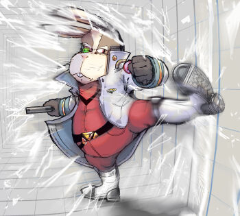 1boy absurdres belt boots clenched_hand frown full_body gun handgun highres holding holding_gun holding_weapon jacket katamichi_miharu kicking leg_up nintendo peppy_hare pistol red_eyes scouter solo standing star_fox weapon