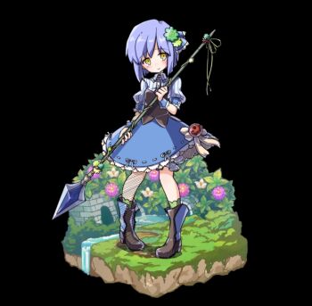 1girl black_background blue_boots blue_dress blue_hair blue_ribbon blush boots breasts closed_mouth collared_dress dress flower full_body green_socks hair_ornament hair_ribbon highres holding holding_polearm holding_weapon leaf merc_storia merc_storia_art_team nina_(merc_storia) official_art polearm puffy_short_sleeves puffy_sleeves ribbon short_hair short_sleeves simple_background small_breasts socks solo standing striped_clothes striped_dress tachi-e underbust water weapon yellow_eyes