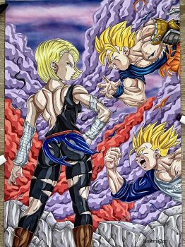 1girl 2boys android_18 dragon_ball dragonball_z highres multiple_boys son_gohan stema3art torn_clothes traditional_media trunks_(dragon_ball) trunks_(future)_(dragon_ball)