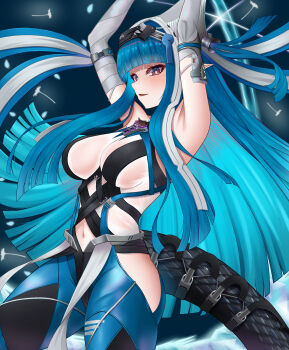 Rule 34 | 1girl, absurdres, arknights, arknights: endfield, arms up, bare shoulders, black tail, blue hair, blunt bangs, breasts, bright pupils, brown eyes, commentary, cowboy shot, highres, last rite (arknights), long hair, medium breasts, navel, outstretched arms, parted lips, pointy ears, solo, standing, strap, tail, vailtred, white pupils