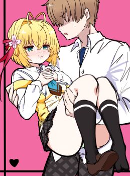 Rule 34 | 1boy, 1girl, :t, absurdres, antenna hair, black skirt, black socks, blonde hair, blue necktie, blush, brown hair, brown shoes, carrying, closed mouth, collared shirt, commentary request, cowboy shot, embarrassed, eyes visible through hair, faceless, faceless male, flower, frilled skirt, frills, full body, green eyes, hair between eyes, hair flower, hair ornament, hair ribbon, heart, hetero, highres, hitotsu tobashi ren'ai, interlocked fingers, kneehighs, knees up, kotobuki risa, loafers, long sleeves, medium hair, miniskirt, necktie, nose blush, own hands together, pink background, pink flower, plaid clothes, plaid skirt, pout, princess carry, red ribbon, rialickpero, ribbon, school uniform, shaded face, shirt, shoes, short hair, simple background, single hair intake, single shoe, skirt, socks, thighs, v-shaped eyebrows, wavy mouth, white shirt