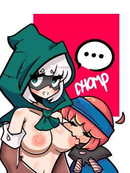 2girls absurdres bandit_(clash_royale) bare_shoulders breast_sucking breasts clash_royale closed_eyes english_text firecrackers gloves hair_ornament highres large_breasts licking licking_nipple long_sleeves looking_at_viewer mask masked multiple_girls nipple_stimulation nipples red_background self-upload simple_background speech_bubble white_background yuri