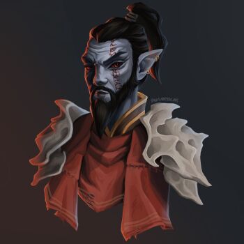 Rule 34 | 1boy, armor, beard, black hair, colored skin, dunmer, earrings, facial hair, grey background, grey skin, highres, jewelry, looking at viewer, paulamertensart, pauldrons, pointy ears, portrait, red eyes, shoulder armor, solo, the elder scrolls, the elder scrolls v: skyrim