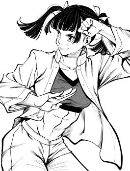 1girl abs breasts chinese_clothes collarbone commentary_request fighting_stance greyscale hatching_(texture) highres jacket leaning_forward lee_(dragon_garou) light_blush linea_alba looking_to_the_side monochrome navel ninja open_clothes open_jacket original small_breasts smile solo sports_bra spot_color tangzhuang twintails v-shaped_eyebrows