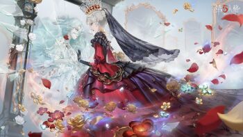 1girl absurdres artist_request beads bell_sleeves black_gloves black_veil blue_eyes bracelet braid braided_bun crown dress dual_persona earrings elbow_gloves falling_petals feet_out_of_frame flower full-length_mirror full_body glass_shards gloves gown hair_between_eyes hair_bun hand_on_mirror highres identity_v jewelry juliet_sleeves lace lace_gloves long_dress long_hair long_sleeves looking_at_mirror makeup mary_(false_hope)_(identity_v) mary_(identity_v) mirror off-shoulder_dress off_shoulder official_art parted_bangs pearl_bracelet petals plant portrait puffy_sleeves red_dress red_flower red_lips red_rose rose solo thorns veil very_long_hair vines wavy_hair white_dress white_hair yellow_flower yellow_rose