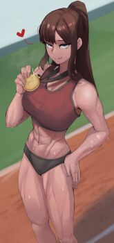 1girl abs blue_eyes brown_hair gold hand_on_own_hip heart heart-shaped_pupils highres long_hair medal muscular muscular_female original ponytail running_track shine solo soolee040995 sweat symbol-shaped_pupils tan tank_top toned tongue tongue_out