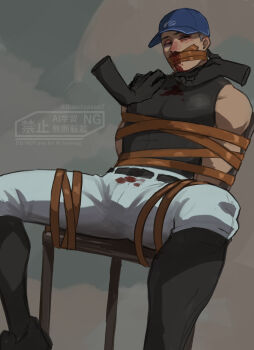 Rule 34 | 1boy, absurdres, arms behind back, baseball cap, bdsm, belt, black belt, black eyes, black shirt, black shoes, black socks, blood, blood on clothes, blue hat, blush, bondage, bound, buzz cut, chair, commentary request, disembodied hand, duct tape, feet out of frame, furrowed brow, gag, grey background, hand on another's chin, hat, highres, improvised gag, kneehighs, looking to the side, male focus, nose blush, nosebleed, on chair, one-hour drawing challenge, one eye closed, original, pants, restrained, reverse ryona, shirt, shoes, short hair, sideways glance, sitting, sketch, sleeveless, sleeveless shirt, socks, solo focus, spread legs, susutyasan, tape, tape bondage, tape gag, twitter username, very short hair, watermark, white pants