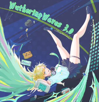 1girl absurdres aqua_eyes aqua_necktie black_skirt blonde_hair buttons collared_shirt detached_sleeves graffiti hair_between_eyes hair_ornament headphones headphones_around_neck highres long_hair long_sleeves lynae_(wuthering_waves) necktie newkurou school_uniform shirt shirt_tucked_in skirt skull_hair_ornament spray_can wuthering_waves