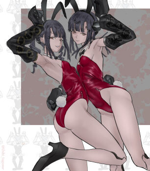 2girls animal_ear_hairband animal_ears arched_back armpits ass black_hair blunt_bangs breasts brown_eyes commentary_request cyborg detached_collar detached_sleeves drill_hair fake_animal_ears fake_tail girls&#039;_frontline hairband highleg highleg_leotard highres joints leotard mercurows_(girls&#039;_frontline) mizukamakiri multiple_girls nimogen_(girls&#039;_frontline) nyto_(girls&#039;_frontline) playboy_bunny rabbit_ear_hairband rabbit_ears rabbit_tail red_leotard robot_joints small_breasts standing standing_on_one_leg strapless strapless_leotard tail twin_drills