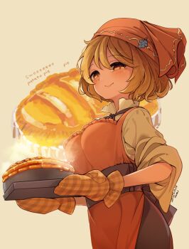 1girl aki_minoriko apron artist_name black_ribbon boots breasts brown_boots brown_shirt brown_skirt closed_mouth commentary_request cowboy_shot dated food headscarf holding holding_tray long_sleeves looking_at_viewer medium_breasts neck_ribbon orange_apron orange_headscarf oven_mitts pie ribbon shirt short_hair skirt smile solo tami_(joemanyodw) touhou tray yellow_eyes