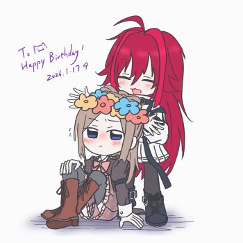 2girls :3 :d =_= ???_(assault_lily) ahoge arm_at_side assault_lily behind_another belt black_belt black_boots black_pantyhose black_thighhighs blue_eyes blue_flower blush boots bow bow-shaped_hair bowtie brown_boots brown_jacket brown_skirt cat chest_harness chinese_commentary closed_eyes commentary_request crossed_ankles dated flower flower_wreath flying_sweatdrops furrowed_brow grey_background hair_between_eyes hand_on_own_knee hands_up happy_birthday harness head_wreath highres ichinomiya_michaela_himari jacket kasa_(kasa_mayulove) knee_boots knees_up lace-up_boots long_bangs long_hair long_sleeves looking_at_viewer ludvico_private_girls'_academy_school_uniform miniskirt multiple_girls nose_blush open_mouth pantyhose parted_bangs pink_bow pink_bowtie plaid_clothes plaid_skirt pleated_skirt putting_on_headwear red_flower red_hair school_uniform shirt shoe_belt shoe_soles simple_background sitting skirt smile standing thighhighs very_long_hair wavy_mouth white_shirt white_skirt yellow_flower