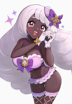 1girl absurdres bare_shoulders bikini blush breasts cleavage collarbone dark-skinned_female dark_skin fishnet_thighhighs fishnets glove_bow gloves gonzarez hair_ornament highres holding holding_poke_ball jacinthe_(pokemon) large_breasts lingerie long_hair looking_at_viewer luxury_ball mega_stone navel nintendo open_mouth pink_hair poke_ball pokemon pokemon_legends:_z-a purple_bikini purple_eyes purple_hair smile solo stomach swimsuit teeth thighhighs underwear upper_teeth_only very_dark_skin white_gloves