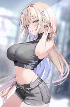 1girl black_shorts blonde_hair blue_eyes blue_hair blue_streaks blush breasts commentary_request cropped_shirt grin large_breasts long_hair looking_at_viewer midriff multicolored_hair navel original pon_(ponidrop) shirt shorts sleeveless sleeveless_shirt smile solo standing stomach streaked_hair thighs turtleneck turtleneck_shirt