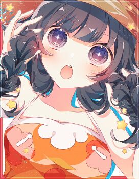 Rule 34 | + +, 1girl, :o, bare shoulders, black hair, braid, floral print, grey eyes, hat, highres, long hair, looking at viewer, nintendo, open mouth, orange background, orange shirt, pokemon, pokemon usum, selene (pokemon), shirt, simple background, solo, star (symbol), sun hat, tank top, to camellia, twin braids, upper body