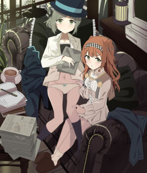 2girls absurdres black_hat black_socks blush bow bow_panties braid checkered_hairband closed_mouth coat collared_shirt commentary_request computer couch cup dress green_eyes green_hair hair_bun hairband hand_on_another's_leg hand_on_another's_waist hat heat_lamp highres holding holding_newspaper indoors long_sleeves multiple_girls newspaper on_couch open_clothes open_shirt orange_hair panties pants parted_lips pen reverse:1999 saucer shirt side_braid single_side_bun sitting socks soha_(sirohase) sonetto_(reverse:1999) teacup top_hat two_side_up underwear unworn_coat unworn_pants vertin_(reverse:1999) white_dress white_panties white_shirt white_socks yuri