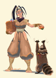 1girl 2015 antenna_hair arm_guards arm_wrap arms_up artist_name bag baggy_pants bandaged_hand barefoot bell black_eyes bow breasts brown_background brown_hair claws clothing_cutout dated don_(street_fighter) food grocery_bag high_ponytail highres hip_vent holding holding_food ibuki_(street_fighter) leg_wrap lips milk_carton ninja pants ponytail reaching scarf shopping_bag signature sleeveless smile standing street_fighter street_fighter_iii_(series) tanuki toeless_legwear toes tomato torn_clothes torn_sleeves vinceaparo waist_bow wrist_wrap