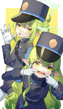 2girls :3 :p \||/ absurdres belt black_belt black_hat blue_archive blue_jacket blue_shorts blue_skirt blush commentary cowboy_shot eyebrows_hidden_by_hair finger_in_own_mouth gloves green_hair green_halo halo hand_up hat highres hikari_(blue_archive) jacket long_hair long_sleeves looking_at_viewer making_faces mouth_pull multiple_girls nozomi_(blue_archive) pantyhose peaked_cap pointy_ears pyytato shirt shirt_tucked_in shorts siblings sisters skirt taunting teeth tongue tongue_out twins twintails v-shaped_eyebrows very_long_hair wavy_hair white_gloves white_shirt yellow_eyes
