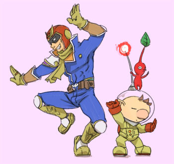 2boys arm_up armored_boots backpack bag belt belt_buckle big_nose black_eyes blue_bodysuit bodysuit boots bracelet brown_belt brown_hair buckle buttons captain_falcon collared_bodysuit colored_skin commentary_request creature_on_head expressionless f-zero full_body gem gloves grey_eyes grin happy height_difference helmet high_collar holding jewelry knee_boots leaf male_focus multiple_boys naru_(wish_field) nintendo no_mouth olimar parted_lips pikmin_(creature) pikmin_(series) pink_background pointy_ears pointy_nose radio_antenna red_bag red_gemstone red_pikmin red_skin ring scarf shadow short_hair simple_background smile solid_eyes space_helmet spacesuit standing standing_on_one_leg super_smash_bros. very_short_hair yellow_boots yellow_gloves yellow_scarf