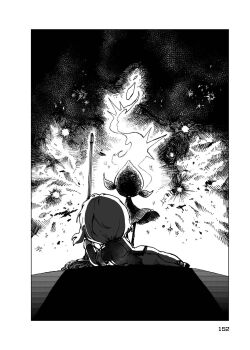 1boy 1girl armband blazer burning business_suit commentary_request dress dress_pants dress_shoes embers employee_(project_moon) fire floating_clothes floating_hair formal_clothes from_behind full_body greyscale headscarf highres holding holding_mop indoors jacket lobotomy_corporation long_shadow long_sleeves low_twintails lying monochrome mop nugget_(project_moon) on_side our_galaxy_(e.g.o) page_number project_moon scorched_girl short_dress short_hair short_twintails space_print starry_sky_print suit temari_momiji torn_clothes torn_dress twintails