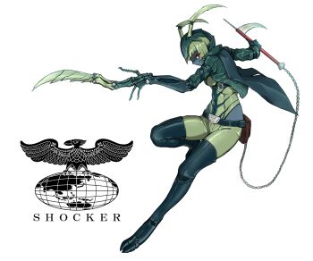 Rule 34 | 1girl, arthropod girl, belt, blue skin, boots, colored skin, commentary, eidenjyou1997, english commentary, genderswap, genderswap (mtf), green hair, green leotard, green pants, highres, jacket, kamakiri otoko, kamen rider, kamen rider (1st series), kusarigama, leather, leather jacket, leotard, logo, mantis girl, monster girl, pants, red eyes, shocker (kamen rider), sickle, simple background, solo, thigh boots, weapon, white background